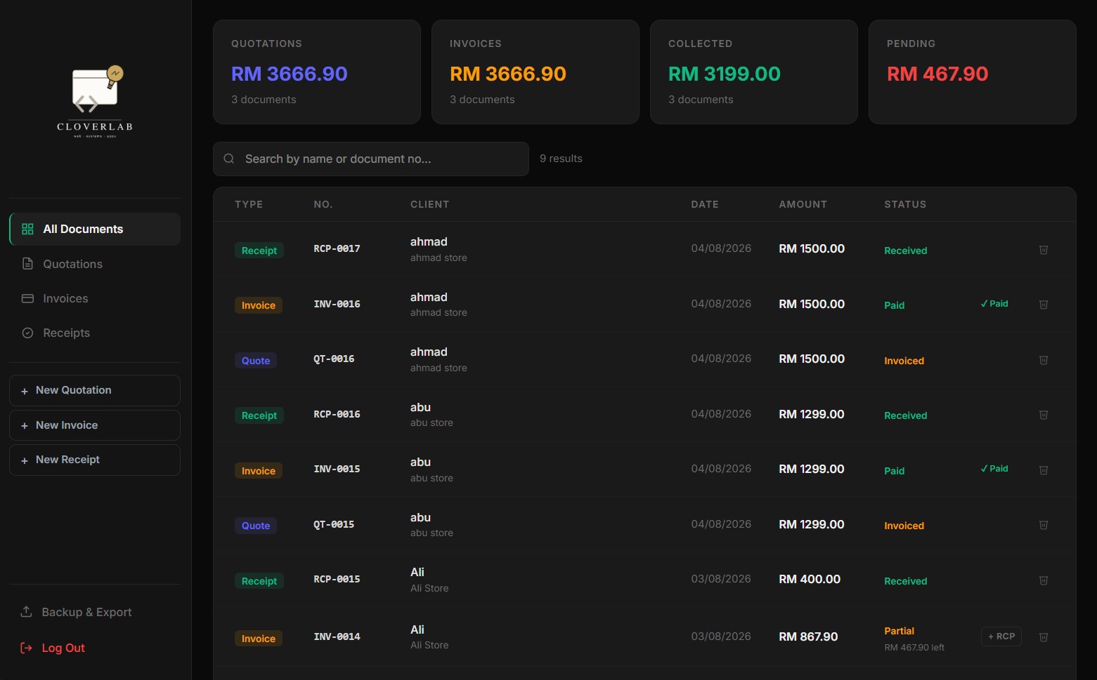 CloverBill document list showing all quotations, invoices, and receipts